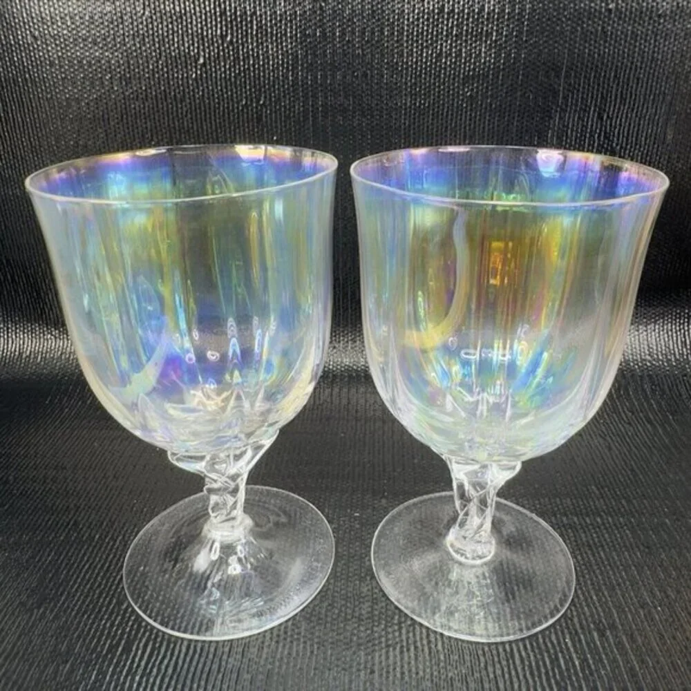 Vintage Iridescent Glass Footed Glasses Cups Drinking Goblets Twisted Stem Set 3